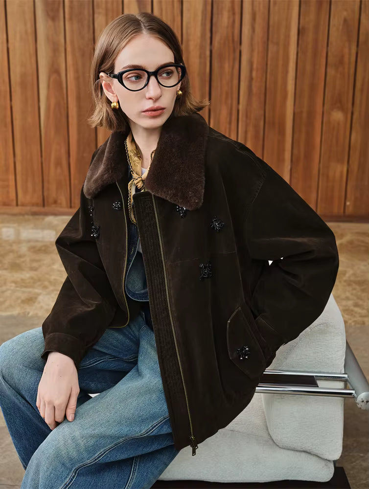 【Premium Series】 Luxury Casual Series Vintage Beaded Suede Jacket with Pearl Embroidery Women Winter 2025 New Arrival