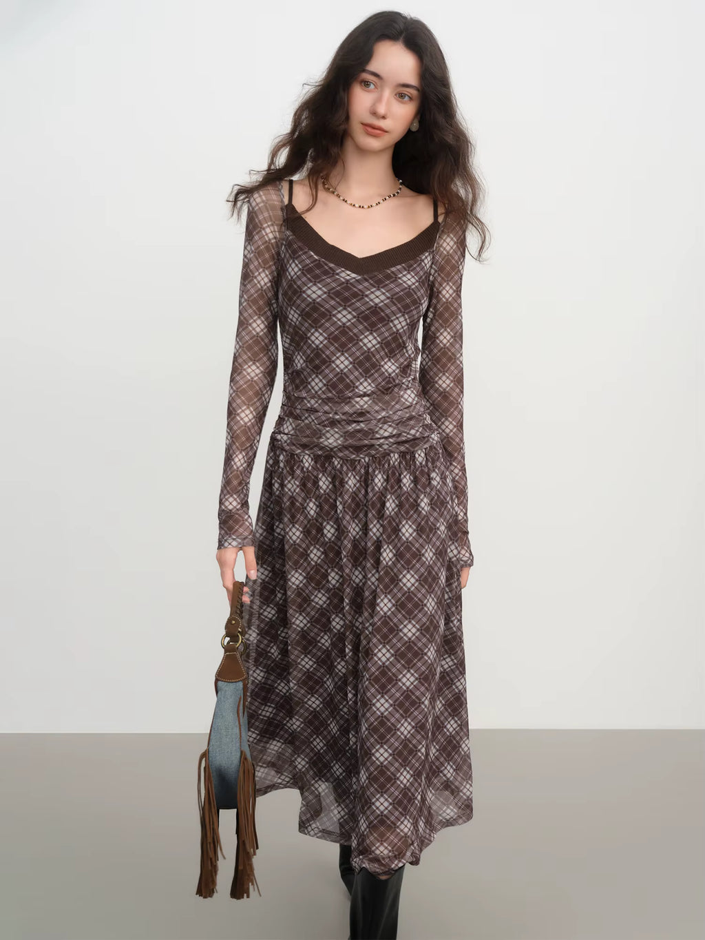 Elegant Women's Vintage Plaid Pleated Faux Two Piece Slimming Fitted Dress for Winter 2025 New High Waist Travel Dresses