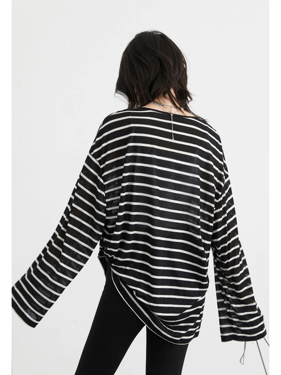 CHIC VEN Women T-shirts Korean Casual Long Sleeve Striped Thin Knitted T-shirt Fashion Design Tops Female Clothing Autumn 2024