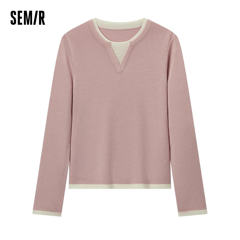 Semir Knitted Sweater Women Wool-Containing Round Neck Slim Fit Temperament 2024 Winter NewColorblock Sweater