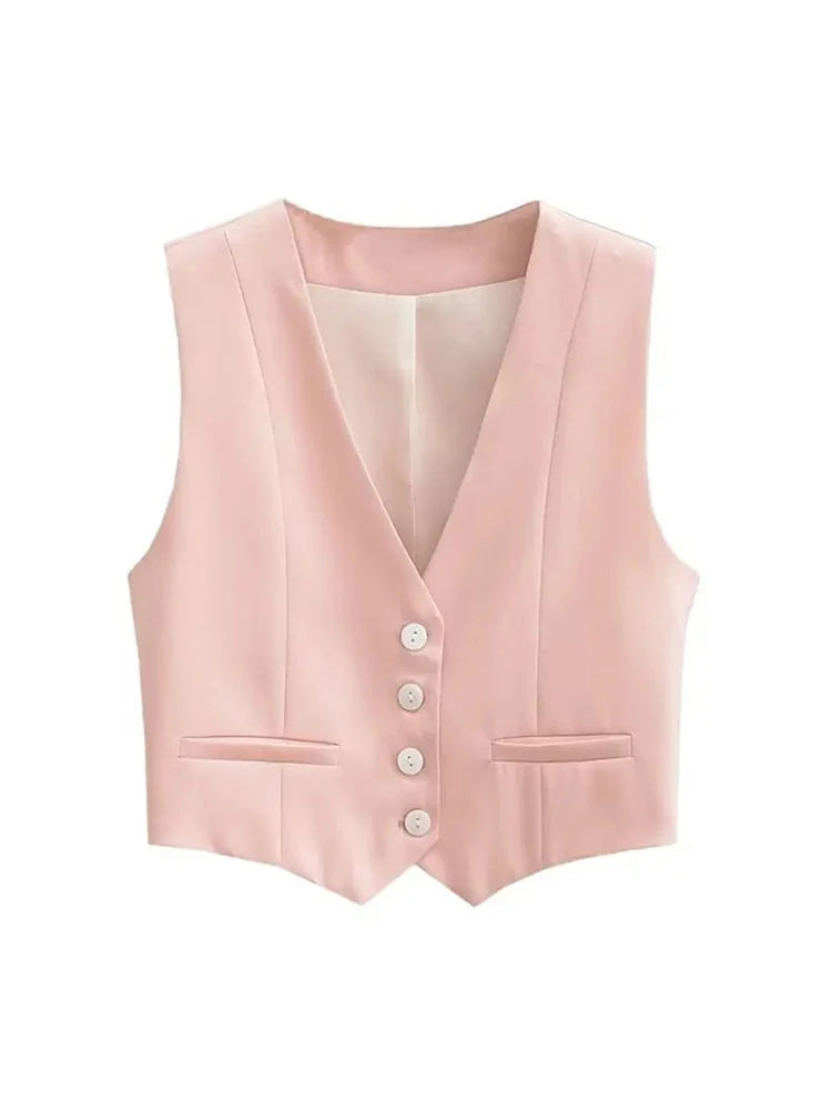 Vest Women Cropped Waistcoat Fashion Front Buttons Tops Vintage V Neck Sleeveless Female Outerwear White Chic Vests New