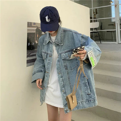 High Street Fashion Oversized Denim Jacket Women Korean Loose Long Sleeve Button Down Jean Jackets Female 2024 New