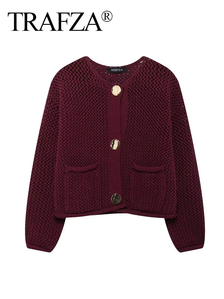 TRAFZA 2024 Female Casual Cardigan Sweater Coat 2 Pockets Wine Red Solid Metal Button Knitted Sweater Woman Autumn Trends Street