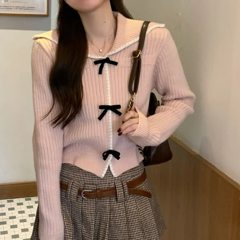 Gentle Sweet Bow Knit Cardigan For Women Autumn Fashion Women's Long Sleeve Slim Sweater Korean Style Female Cardigan Coat