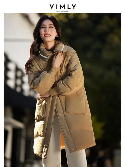 VIMLY Loose Contrast Fake 2 Piece Duck Down Coat Winter Lapel Casual Thick Warm Coat Women's Simple Office Lady Outerwear 50626