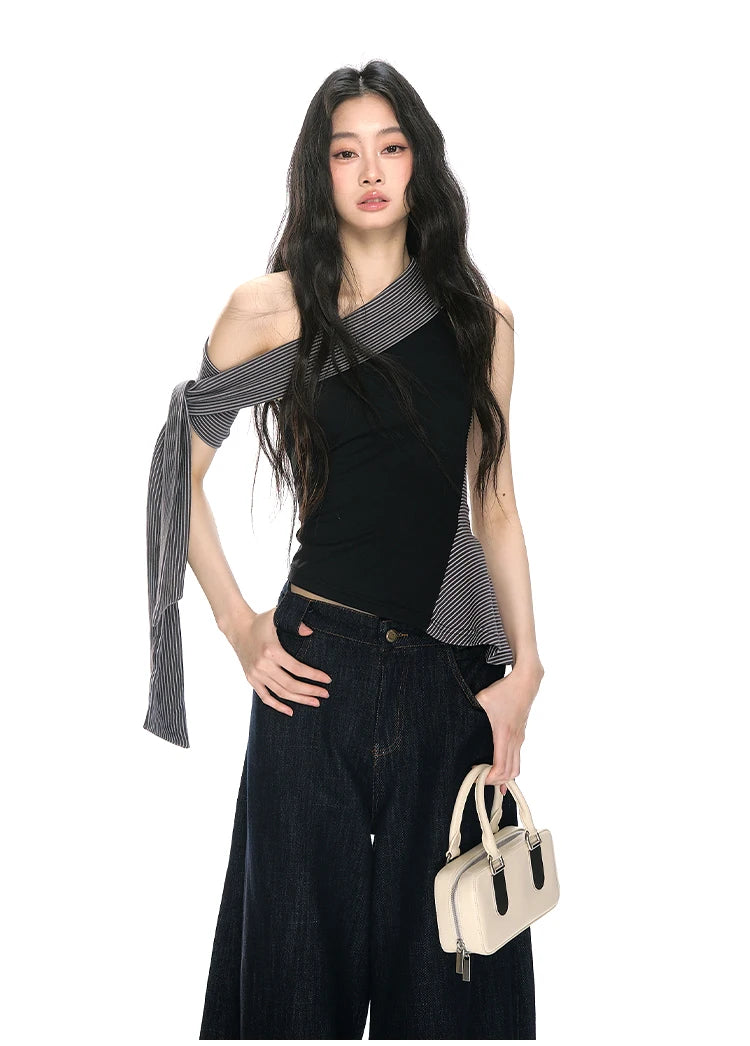 Modern Asymmetrical One-Shoulder Wrap Detail Top
