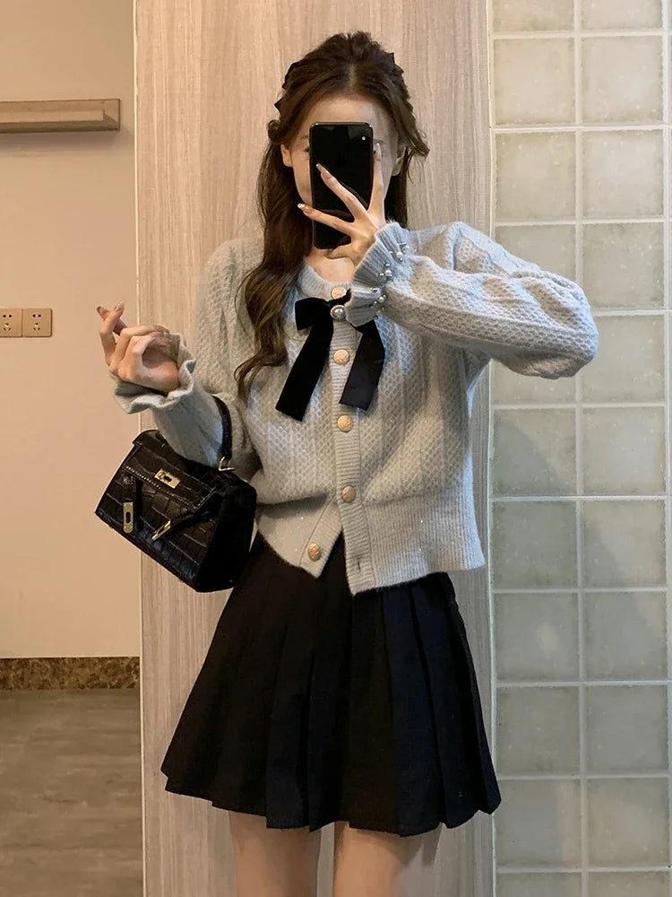 HOUZHOU Elegant Women Knitted Cardigan Bow Cute Long Sleeve O-Neck Bright Silk Single Breasted Korean Style Sweater Party Autumn