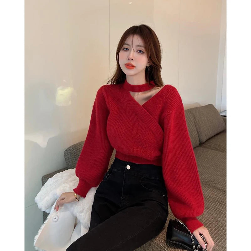 Cropped Halter Sweater Women Korean Black Sexy Off Shoulder Knitted Pullovers Winter Ladies Elegant Knitwear Fashion Jumpers New