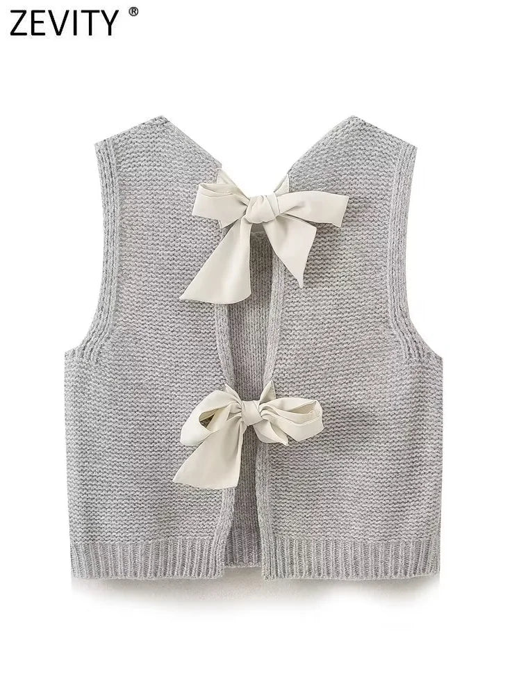 Zevity New Women Fashion Sleeveless Back Bow Tied Design Short Knitting Vest Sweater Female Chic Waistcoat Pullovers Tops SW6257