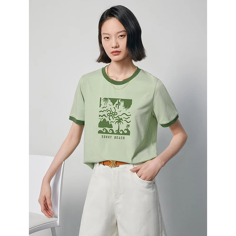 TOYOUTH Women T-shirt 2024 Summer New Antibacterial Cotton Surf Printed Contrast  Color Short Sleeve Casual Tops