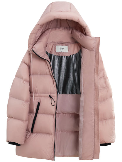 FSLE 175G Filling Amount Women Winter Down Coat One Hand Length Casual Style Hooded Pink High Wiast Down Jackets 24FS14131