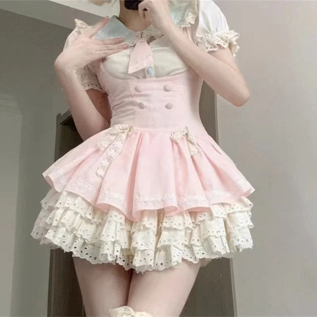 Kawaii Japanese Style 2 Piece Set Casual Blouse + Sweet Pink Y2k Mini Skirt Lace Lolita Fashion Suit Woman Design 2024 New