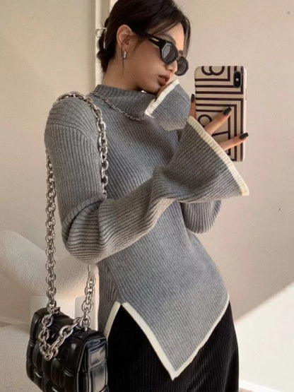 QWEEK 2024 Autumn Elegant Sweater Women Korean Old Money Style Slim Contrast Color Jumper Autumn Winter Casual Knitwear Tops