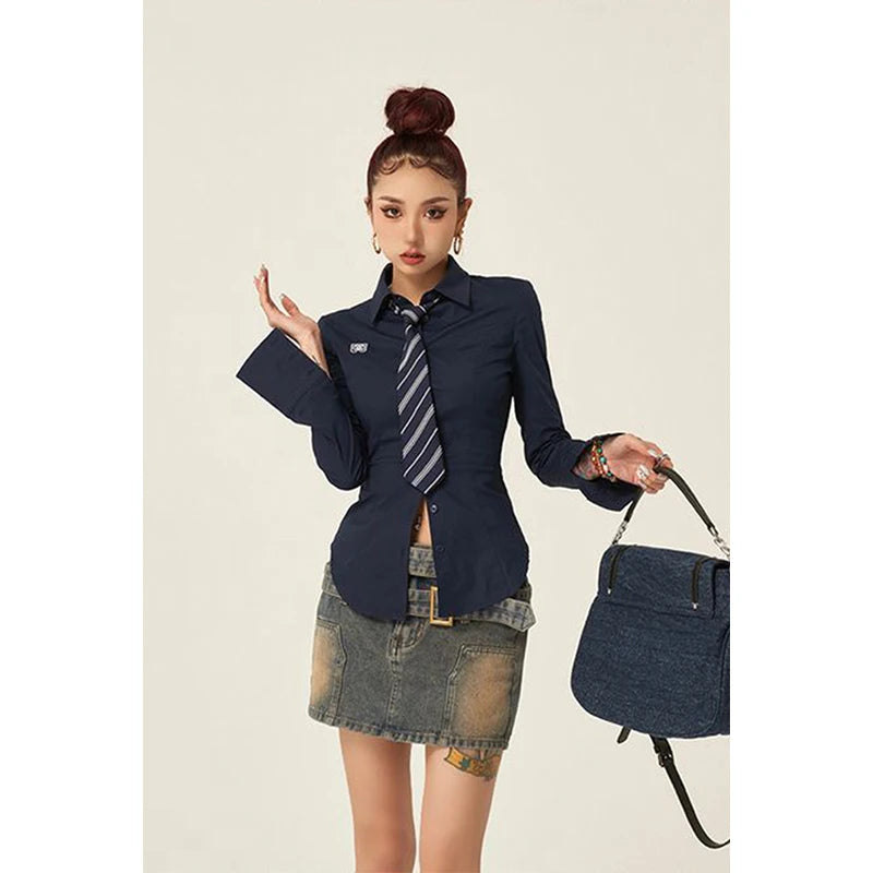 Y2K Harajuku Tie Shirts Women Preppy Jk White Long Sleeve Blouses Streetwear 2000S Korean Fashion Slim All Match Chic Tops New