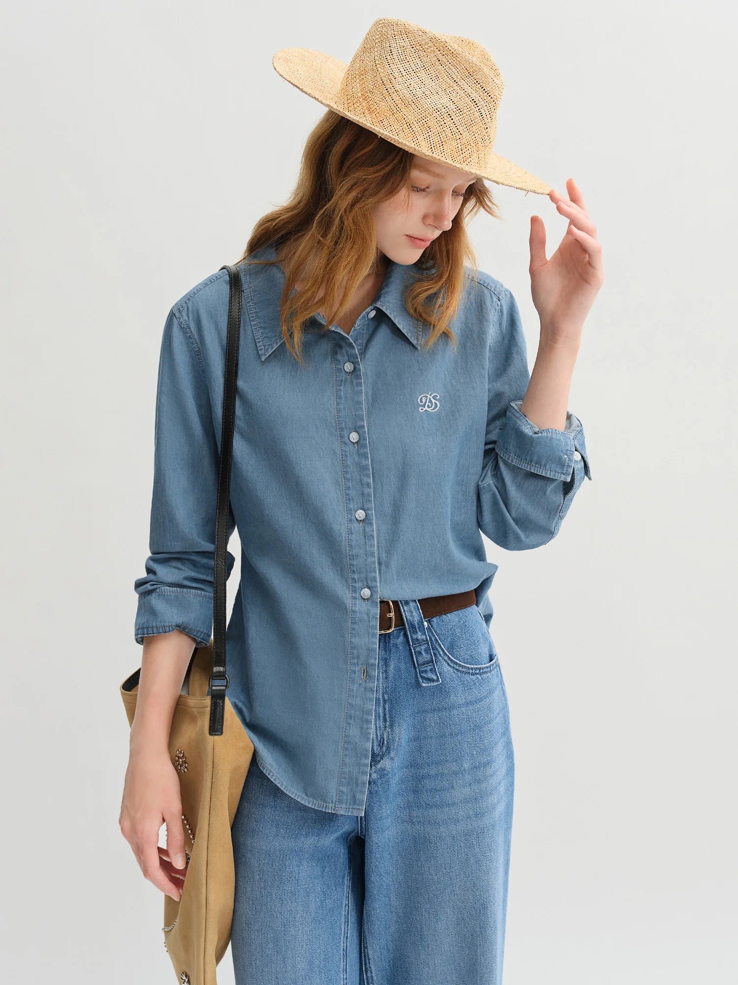 DUSHU Plus Size Double Collar Design Denim Shirt For Women 2025 New Arrival Autumn French Style Top
