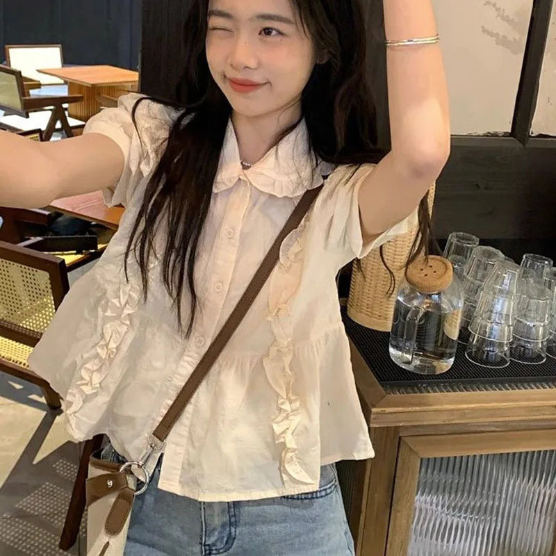 Ruffles Shirts and Blouses Korea Short Sleeve Top Women 2024 Summerpeter Pan Collar Sweet Blouses Cute Elegant Solid Clothes New