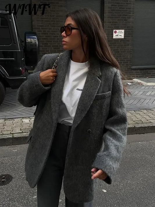 Elegant Gray Woolen Jacket For Women Casual Lapel Long Sleeve Loose Blazer Coat Female 2024 Spring Fashion Office Lady Coats