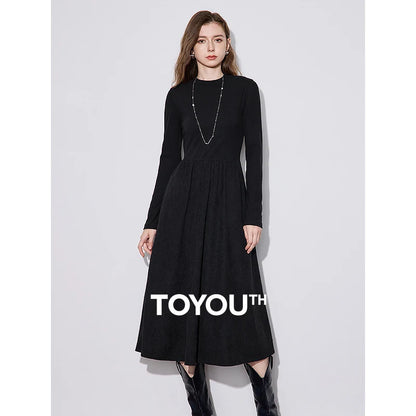 TOYOUTH Women Dress 2024 Autumn Winter New Corduroy Splicing Thick Slim Waist Solid Color Warm Bottom Black Dress