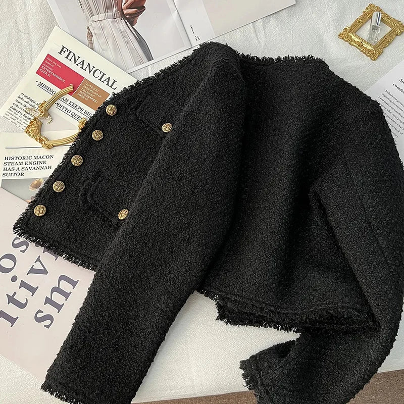 Rimocy 2024 Tweed Cropped Jackets for Women Elegant Short Single-Breasted Coats Woman Korean Chic Black V Neck Jacket Female