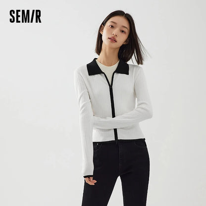 Semir Knit Cardigan Women Short Contrast Color Lapel Top Gentle Short Lady Autumn Slim Versatile Simple Clothing