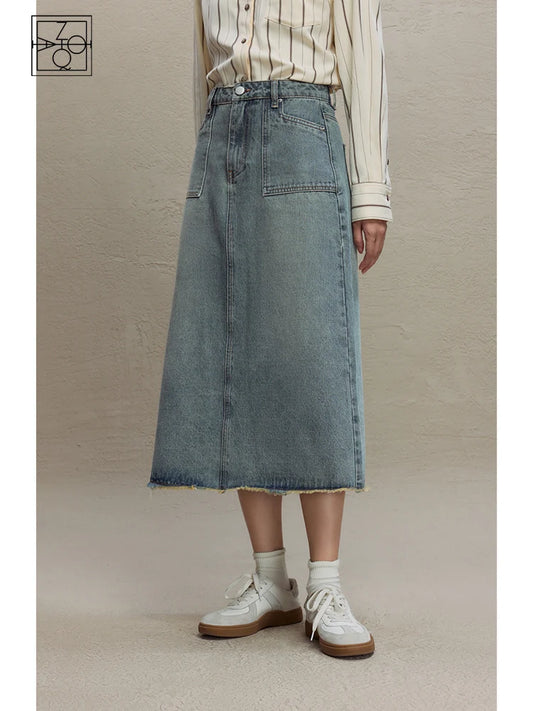 ZIQIAO High Waist Retro Denim Blue A-LINE Skirts Pocket Decoration Back Slit Women Long Denim Skirt Raw Edge Female Skirt