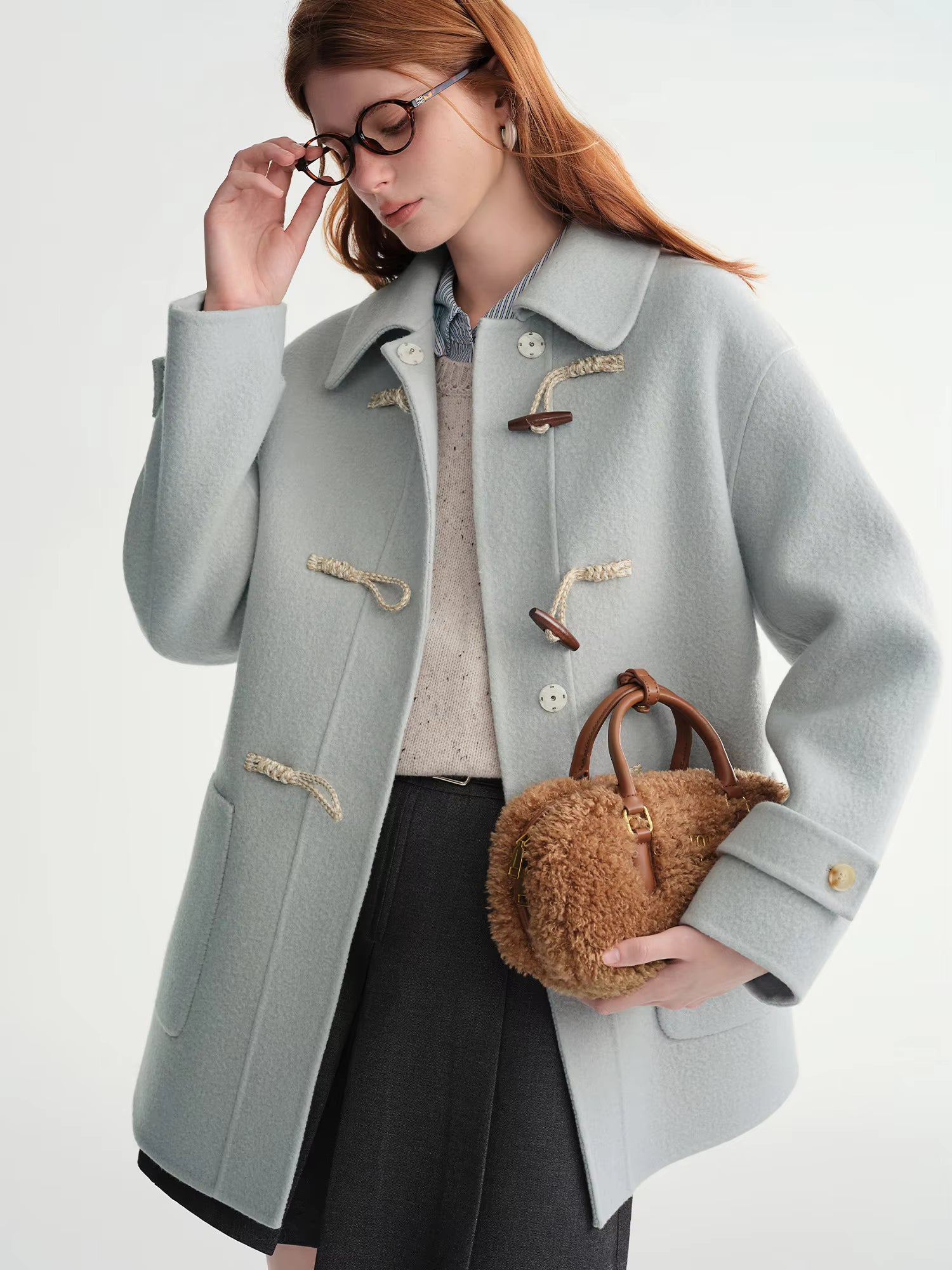 Winter 2025 Women's Horn Button Wool Blend Coat - Korean Style Double Faced Midi Length Stand Collar Casual Elegance