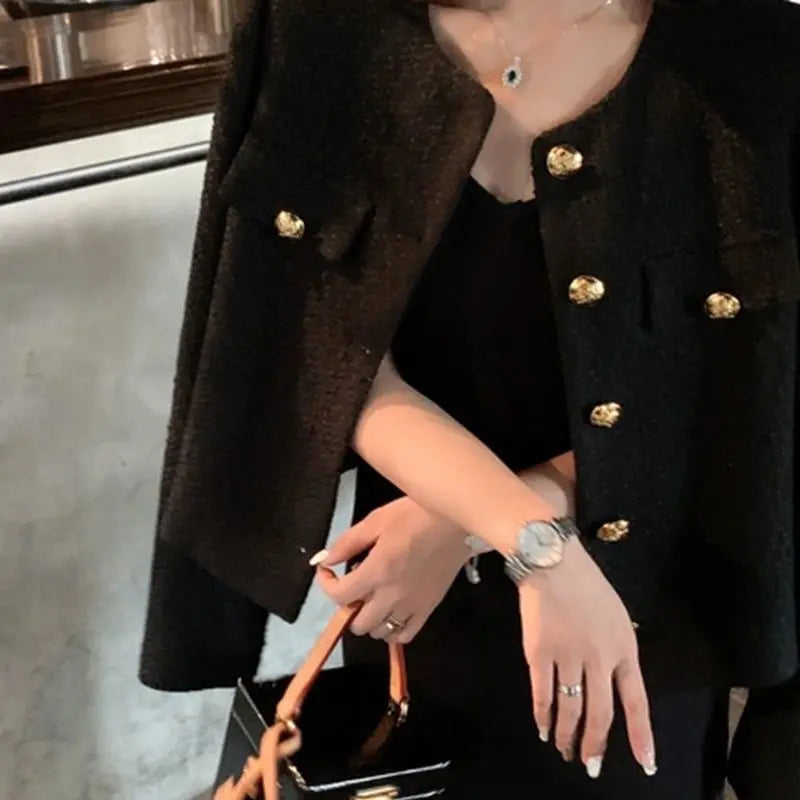QWEEK Korean Tweed Jackets Women Oversized Single Breasted Woolen Short Coats 2023 New Autumn Spring Vintage Outerwear Crop Top