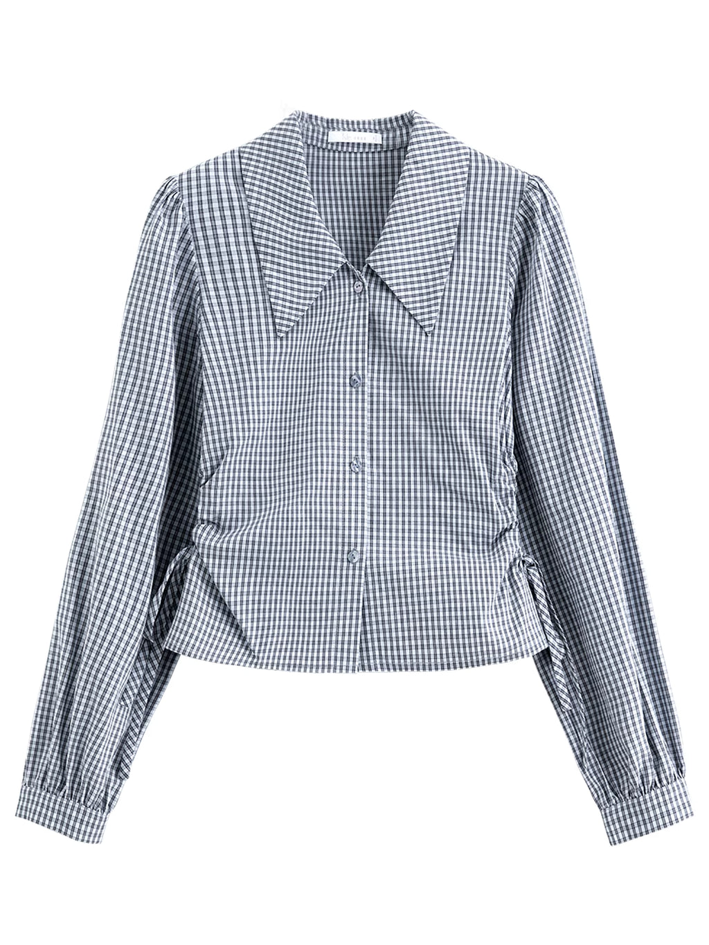 2026 Women Blue White Gingham Shirt Drawstring Waist Short Blouse Soft Cotton Cropped Long Sleeve Top for Coffee Date Style