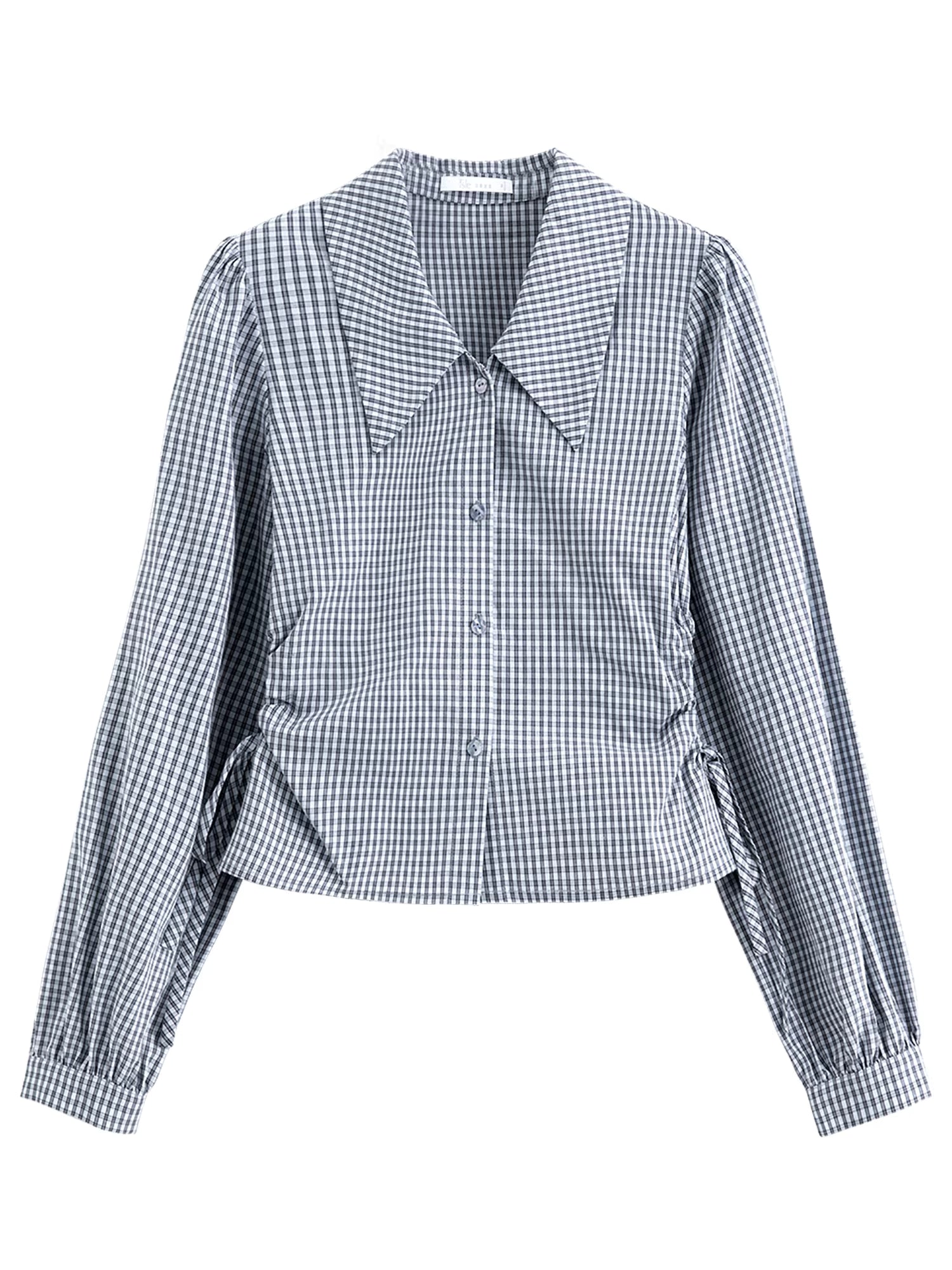 2026 Women Blue White Gingham Shirt Drawstring Waist Short Blouse Soft Cotton Cropped Long Sleeve Top for Coffee Date Style