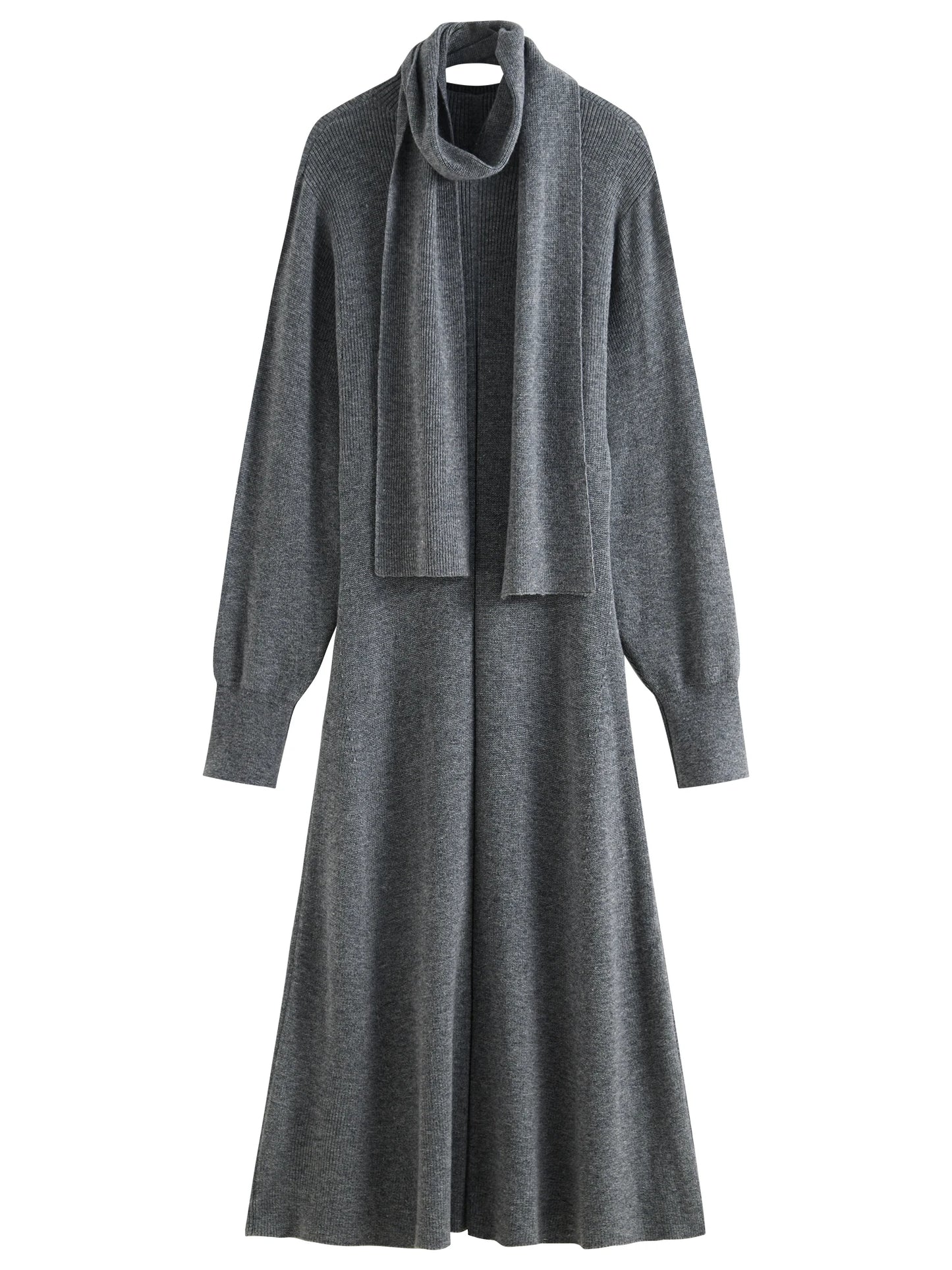 FSLE 33.8% Wool Half High Neck Knit Grey Elegant Women Dress 2024 Winter New Design Bat Sleeve Gentle Dress No Scarf 24FS14378