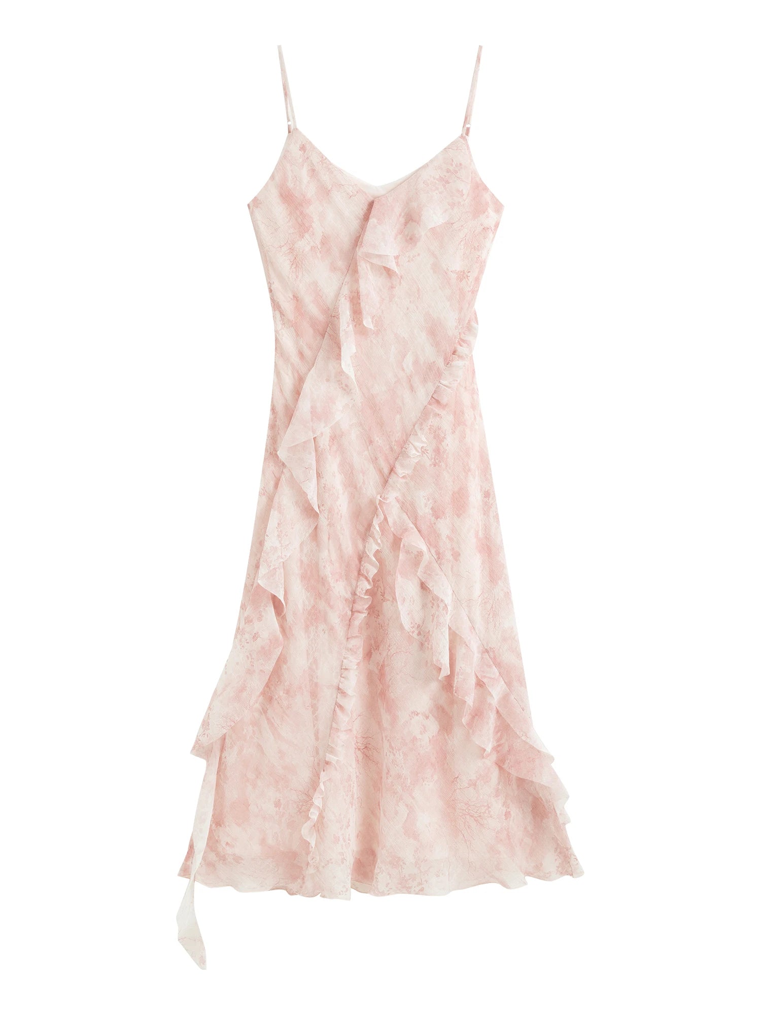 ZIQIAO【2 Vesions】Women Chiffon Strappy Long Dress 2025 Summer New Fly Sleeve Polyester Floral Dresses