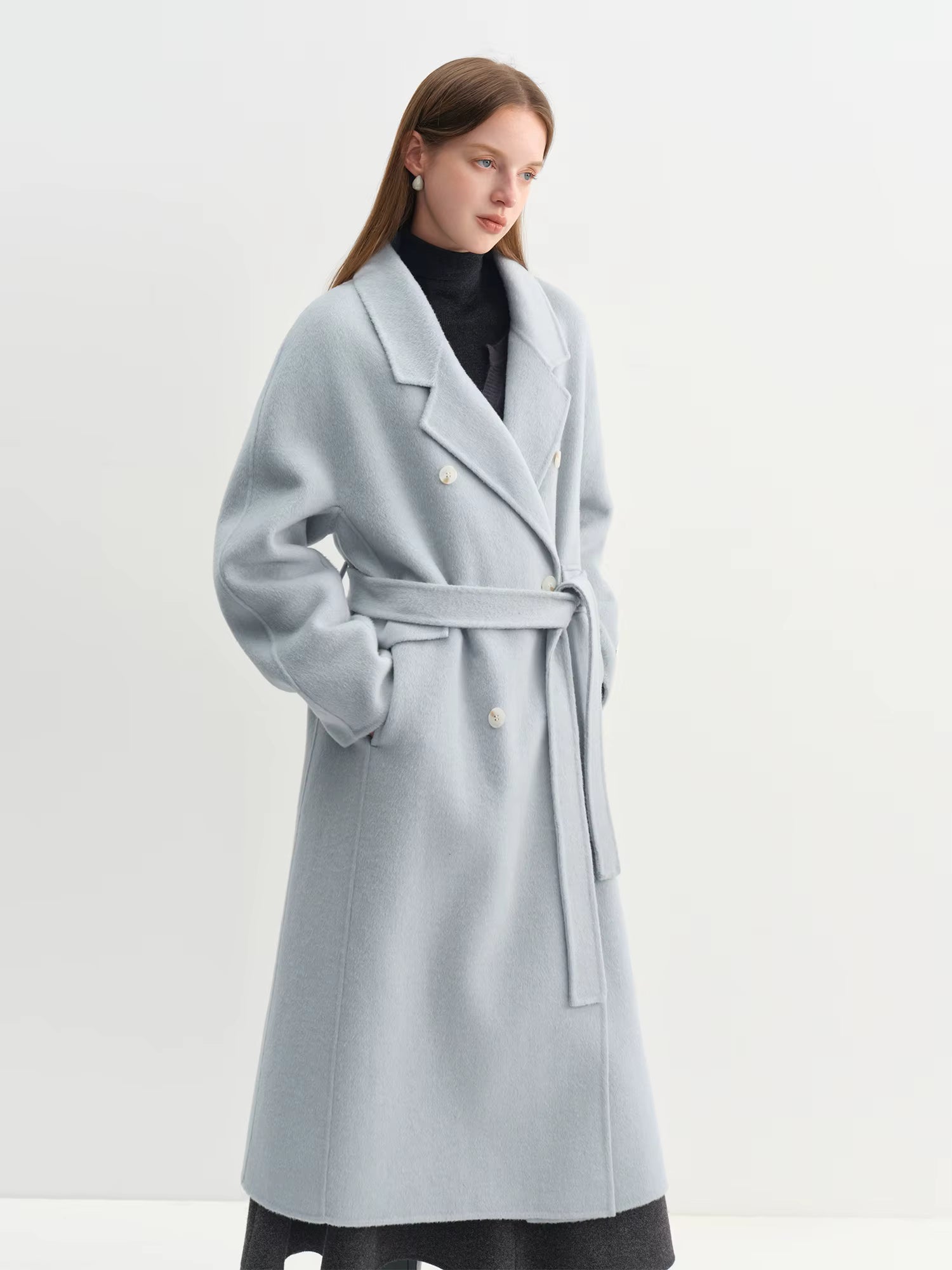 Cashmere Double-breasted Collar Woolen Coat Women 2025 Winter Commuting Light Blue Casual Loose Lazy Simple Coat