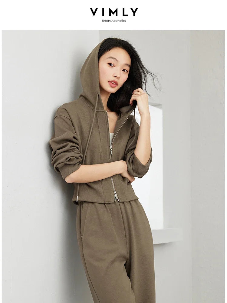 VIMLY Double Zipper Casual Drawstring Hooded Sweatshirt+Elastic Waist Wide Leg Pants Suit Autumn Simple Office Lady Tracksuit