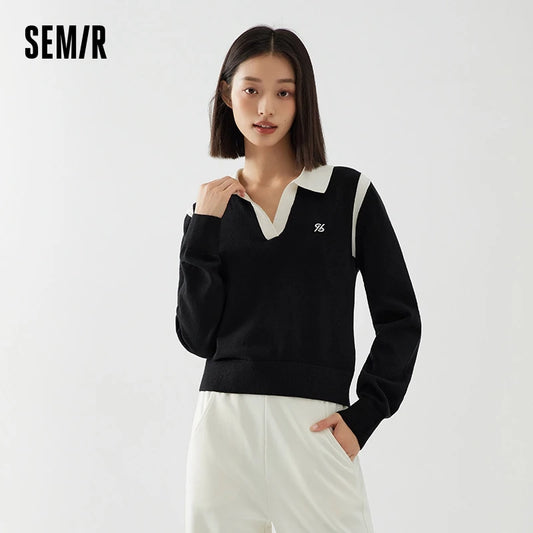 Semir Sweater Women Short Polo Neck Sweater Simple Style Versatile Autumn Slimming Temperament Contrast Color Bottoming Shirt