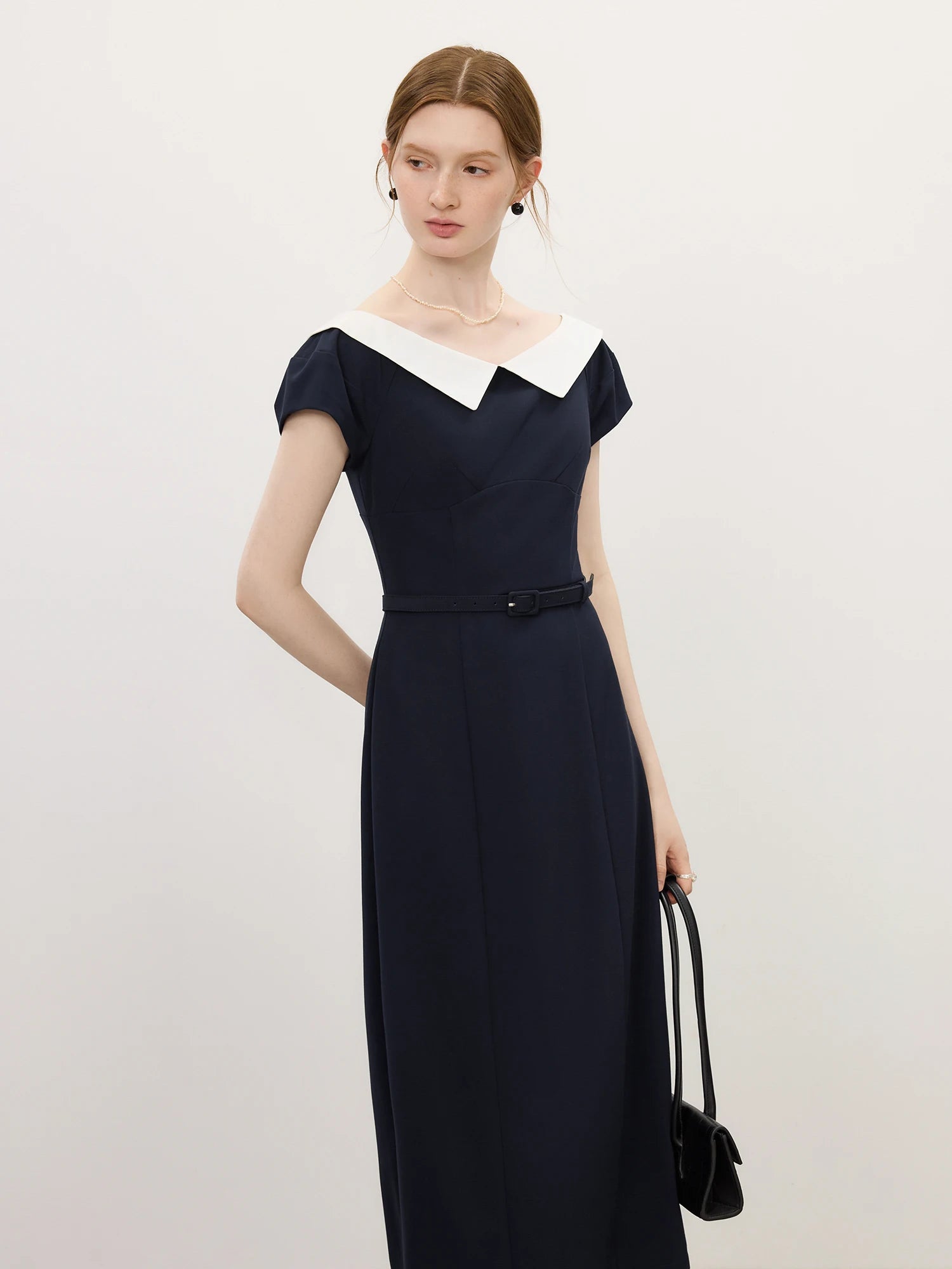 FSLE Contrast Color Splicing Lantern Sleeve Dress Female 2025 Summer New One-line Shirt Collar Mid-length Dress