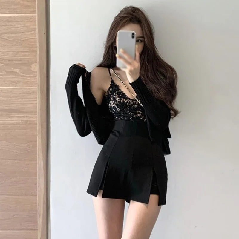 Korean Style Skirt Suit Hakama Sexy Skinny Super High Waist Double Slit