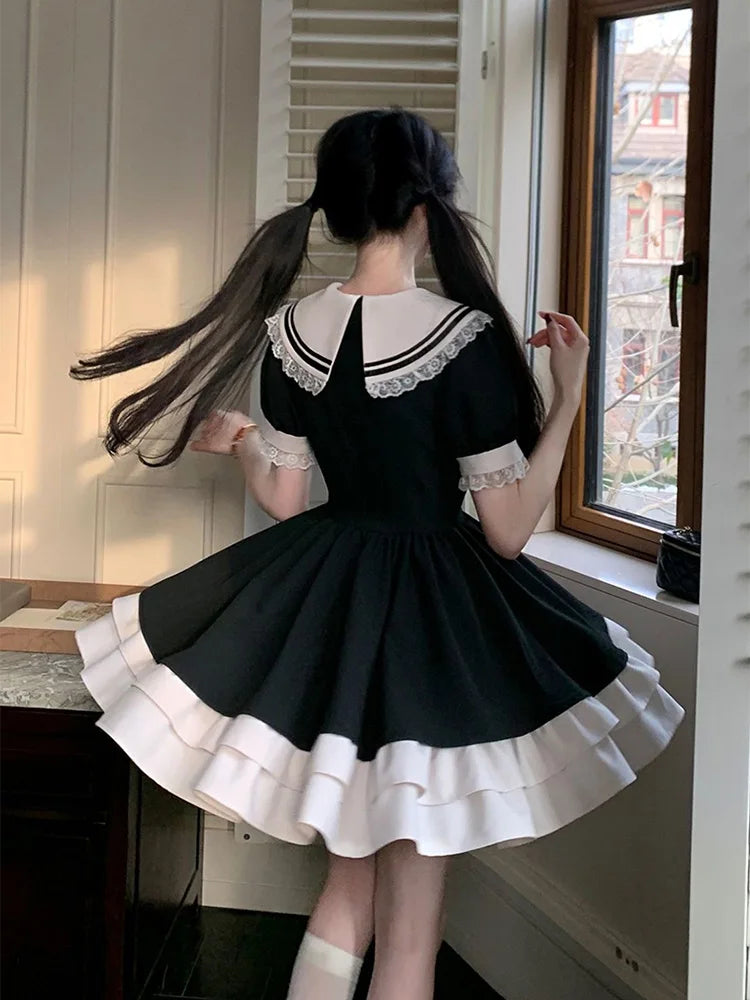 Black Dress Women Bow Japanese Cute Lolita Dress Women Sweet lace Puff Sleeve Student Dresses Party Sailor Collar Kawaii Dress