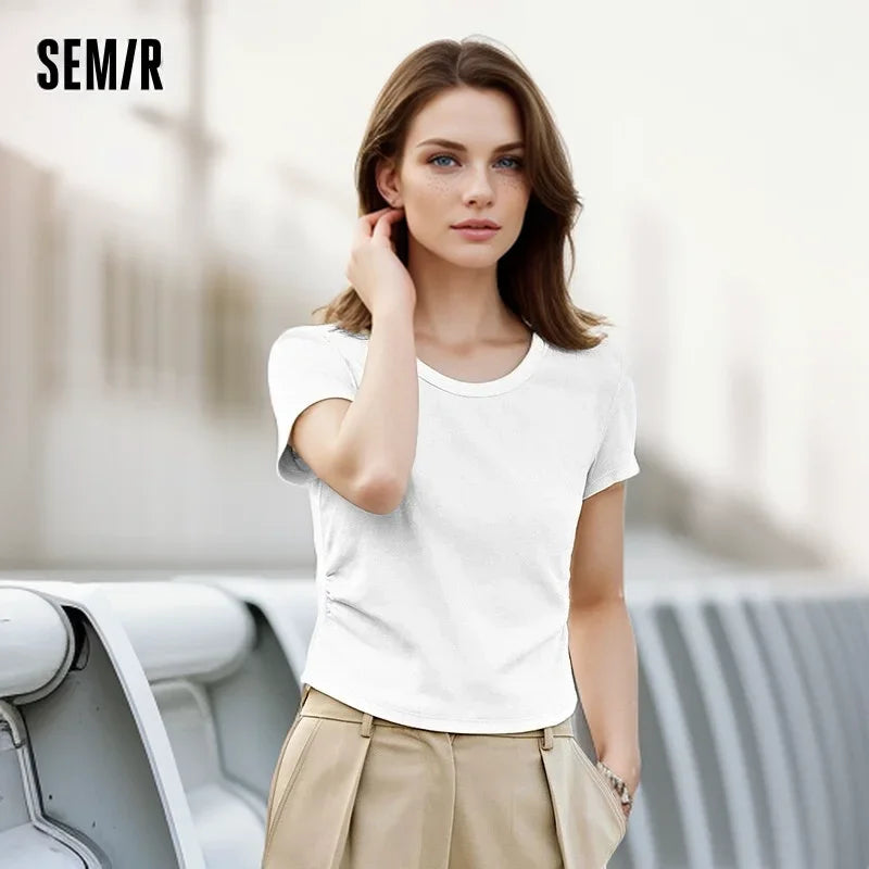 Semir Short Sleeve T-Shirt Women Short Careful Machine Solid Colour Tight 2024 New Summer Large Round Neck Positive Shoulder Pul