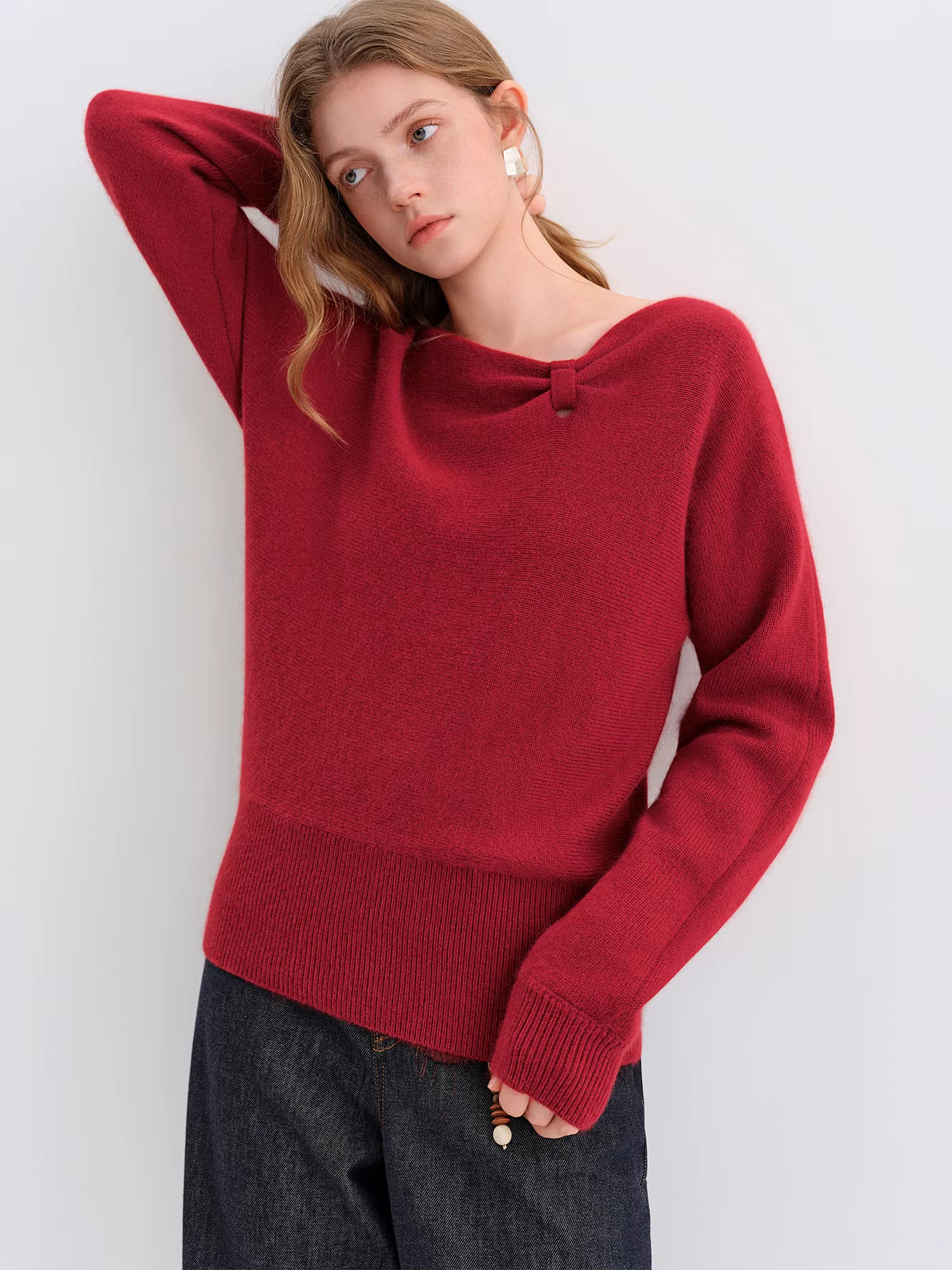 Soft Butterfly Pleated Close-Fitting Crew Neck Knit Sweater for Women Winter 2025 New Arrival Red Sweaters Sweet Pullovers