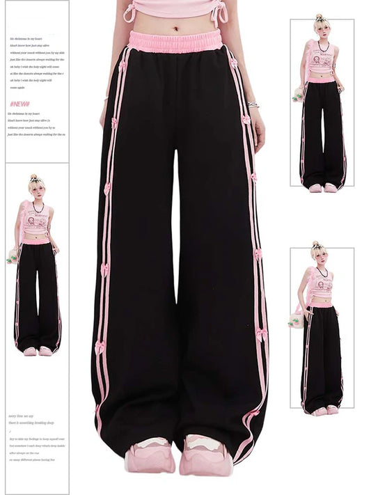 Women's Black Gothic Striped Pants Harajuku Streetwear Sweatpants Jogger Y2k 2000s Aesthetic Bow Pants Vintage Trousers Clothes