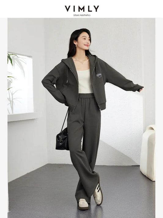 VIMLY New Women's Casual Tracksuit Autumn Commuter Hooded Sweatshirt Suit Sporty Pants Outfits Pullover Simple Matching Set