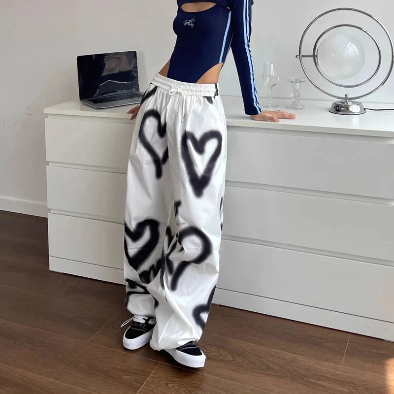 Y2K Love Graffiti Wide Leg Pants Women High Waist Streetwear Loose Drawstring Jogging Trousers Female Korean Casual Sweatpants