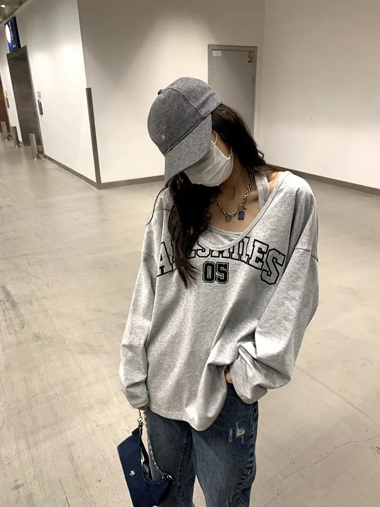Y2K Two Pieces Set Oversized Women T-Shirts Spring Long Sleeve Halter Letter Print Sweatshirt Ladies Casual Loose Harajuku Tops