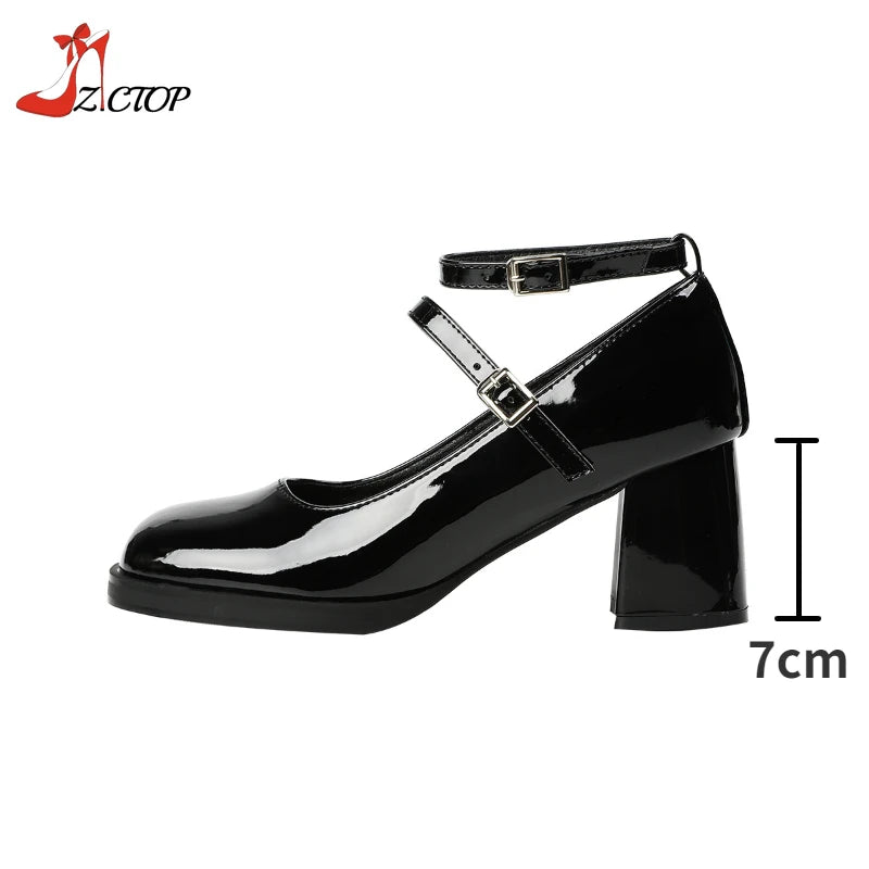 Red Mary Jane Shoes Thick Heel Women's Pumps Patent Leather Retro High Heeled Double Buckle Black Party Dress Ladies Shoes
