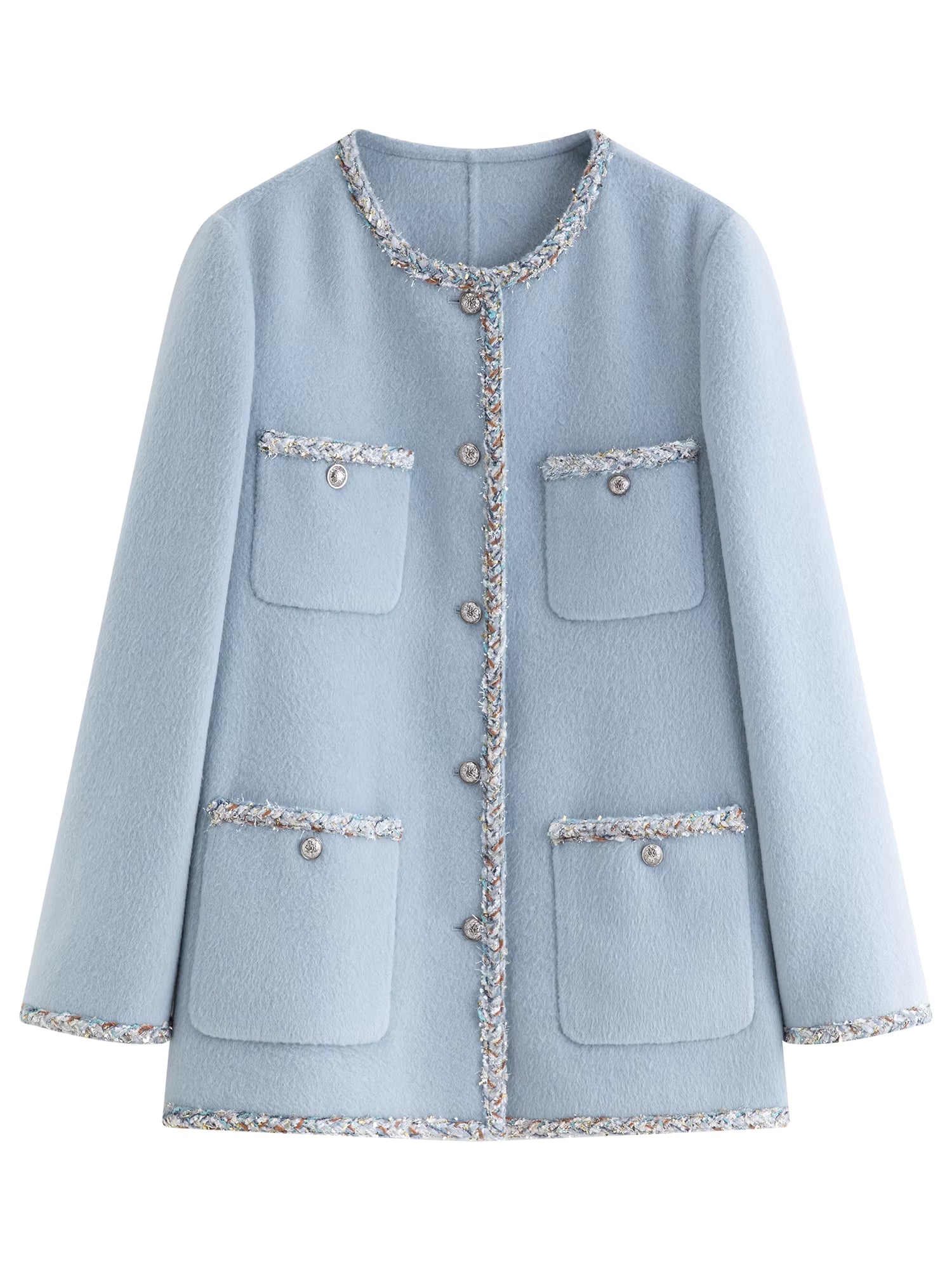 French-Style Woolen Round-Neck Coat Winter 2025 New Arrival Blue Tweed Outerwear All-match Autumn Elegant Blue