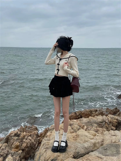 Women Fashion Japanese Style Bow Sweaters Short Length Slim Fit Pink Sweet Cardigan Long Sleeve High Waist Knitted Coats Tops