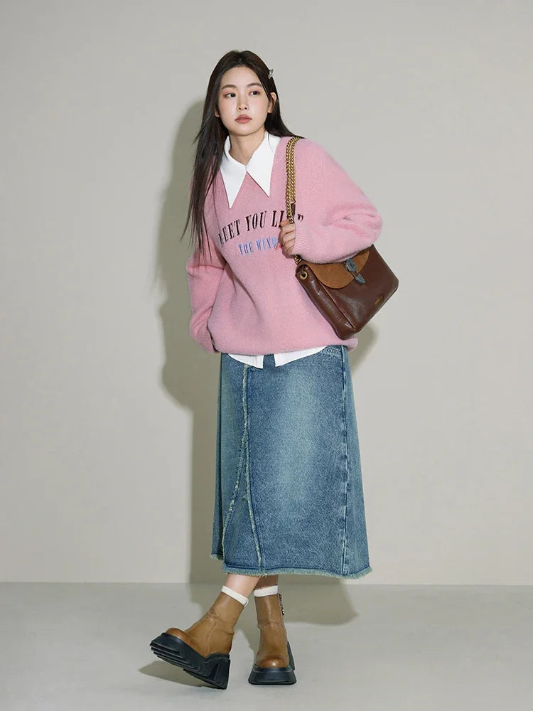 DUSHU Round Neck Drop Sleeve Female Pink Gentle Winter Sweaters Women Soft Waxy Casual Knit Sweater Thicken Blue Loose Pullovers