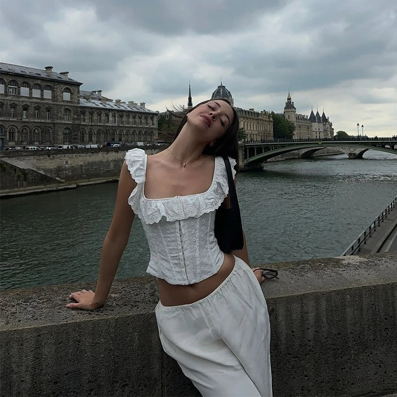 Romantic White Ruffled Square Neck Corset Top