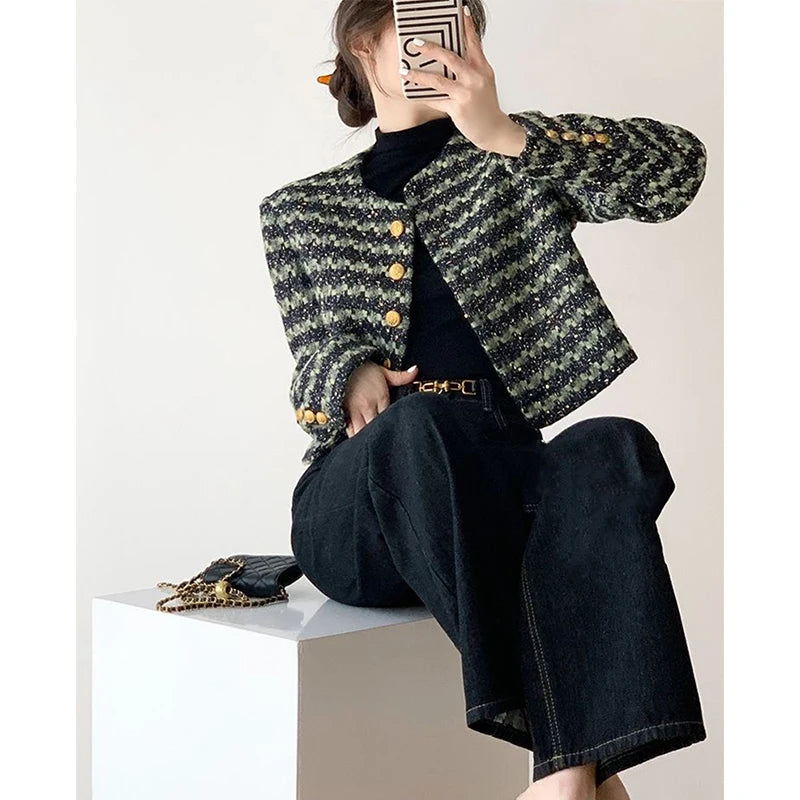 MEXZT Vintage Tweed Jacket Women Elegant Cropped Quilted Coat Winter Thicken Short Blazer Ladies Korean Chic Suit Outerwear New