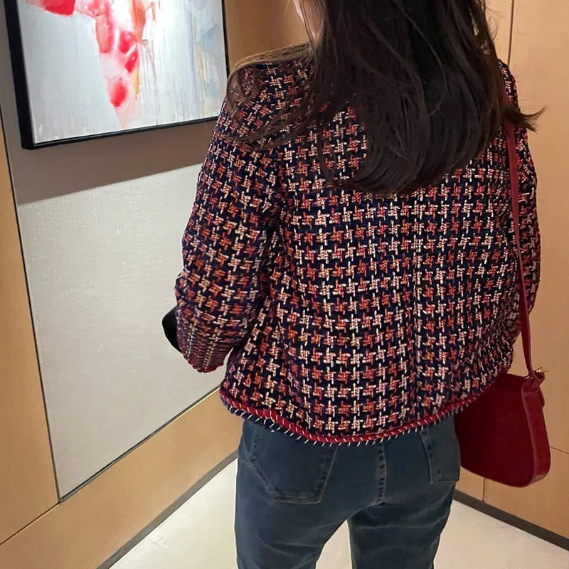 MEXZT Vintage Tweed Jacket Women Elegant Cropped Plaid Blazer Korean Fleece Suit Short Coats Winter Thick Warm Chic Outerwear